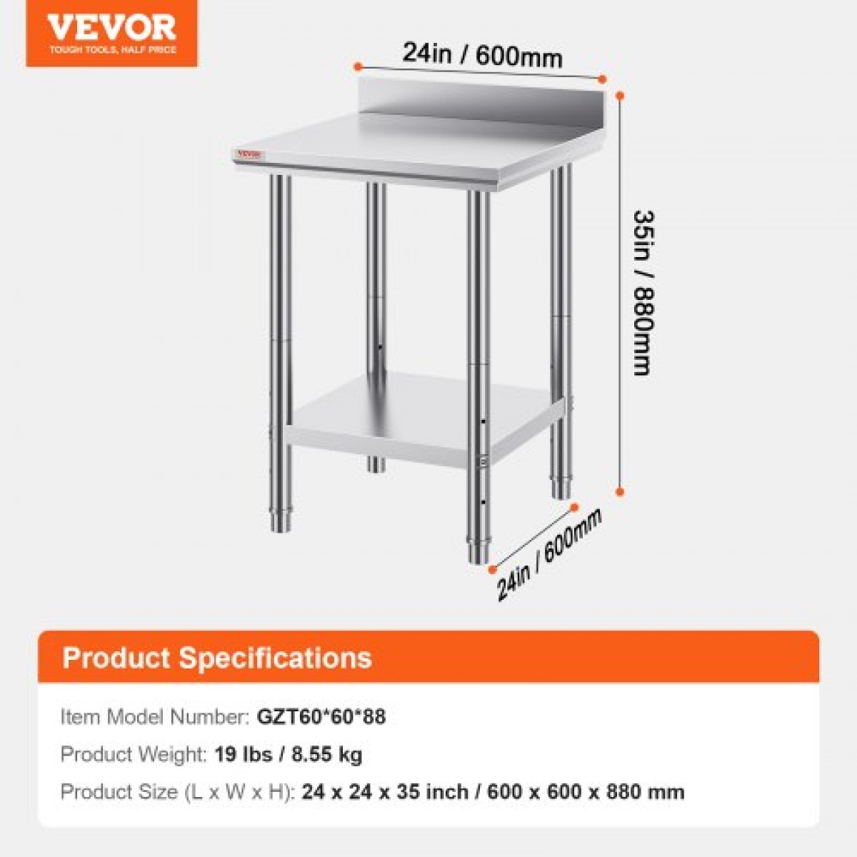 Τραπέζι εργασίας VEVOR 24 x 24 x 35 ιντσών από ανοξείδωτο χάλυβα, τραπέζι εργασίας βαρέως τύπου για προετοιμασία τροφίμων, Μεταλλικό τραπέζι εργασίας με ρυθμιζόμενο ύψος για εστιατόριο, σπίτι και ξενοδοχείο