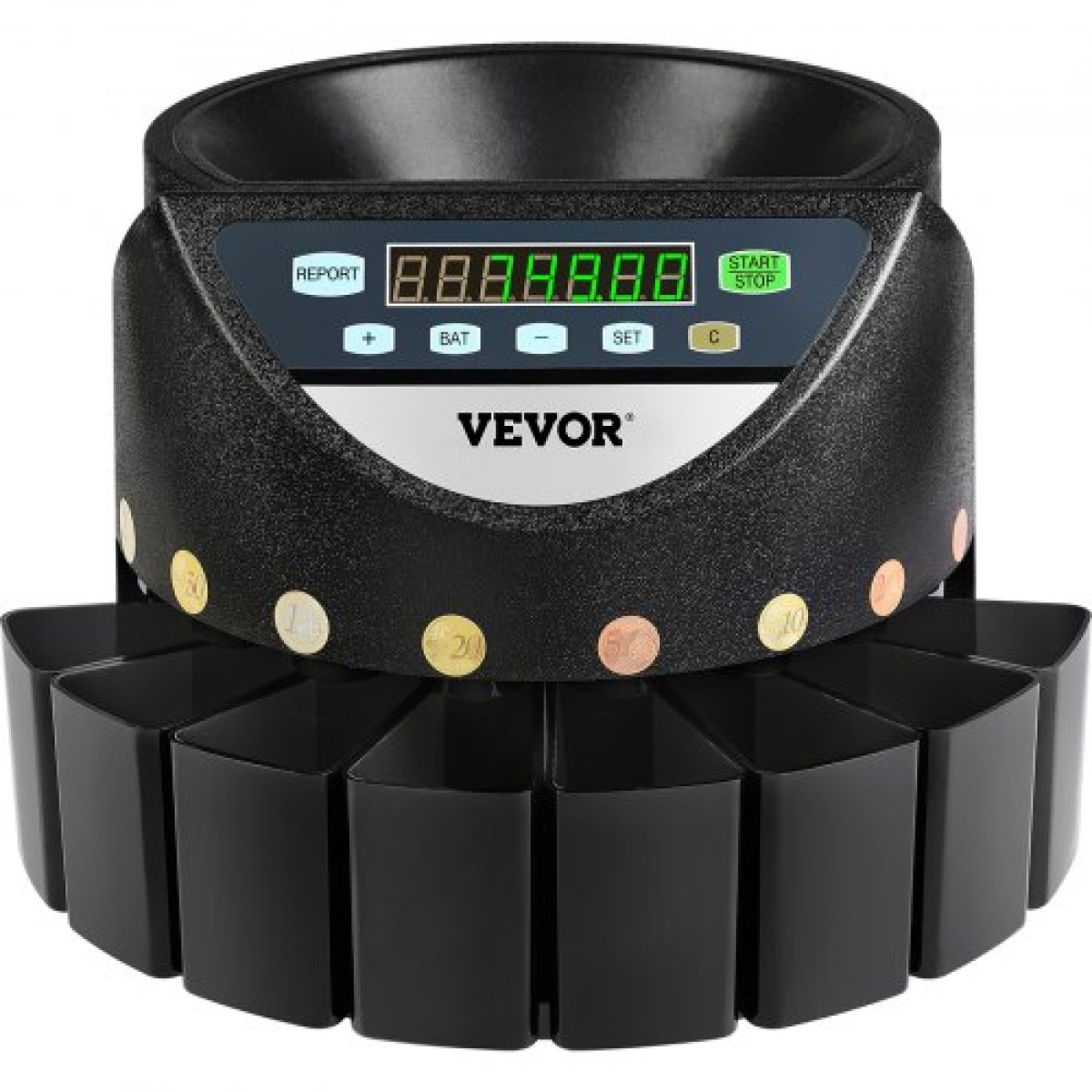 VEVOR Μετρητής νομισμάτων ευρώ Διαλογής 500-1000 νομισμάτων Ηλεκτρονική αυτόματη μηχανή μέτρησης κερμάτων ευρώ 300 νομισμάτων ανά λεπτό με 8 συρτάρια νομισμάτων για σχολική τράπεζα