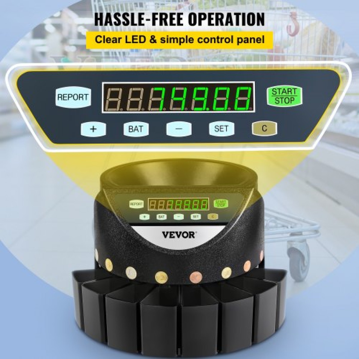 VEVOR Μετρητής νομισμάτων ευρώ Διαλογής 500-1000 νομισμάτων Ηλεκτρονική αυτόματη μηχανή μέτρησης κερμάτων ευρώ 300 νομισμάτων ανά λεπτό με 8 συρτάρια νομισμάτων για σχολική τράπεζα