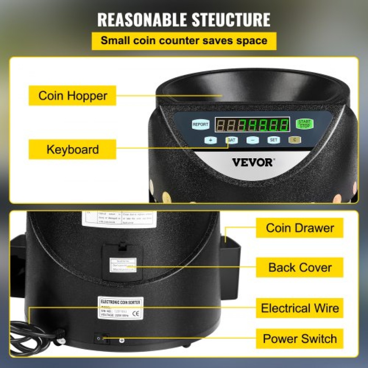 VEVOR Μετρητής νομισμάτων ευρώ Διαλογής 500-1000 νομισμάτων Ηλεκτρονική αυτόματη μηχανή μέτρησης κερμάτων ευρώ 300 νομισμάτων ανά λεπτό με 8 συρτάρια νομισμάτων για σχολική τράπεζα
