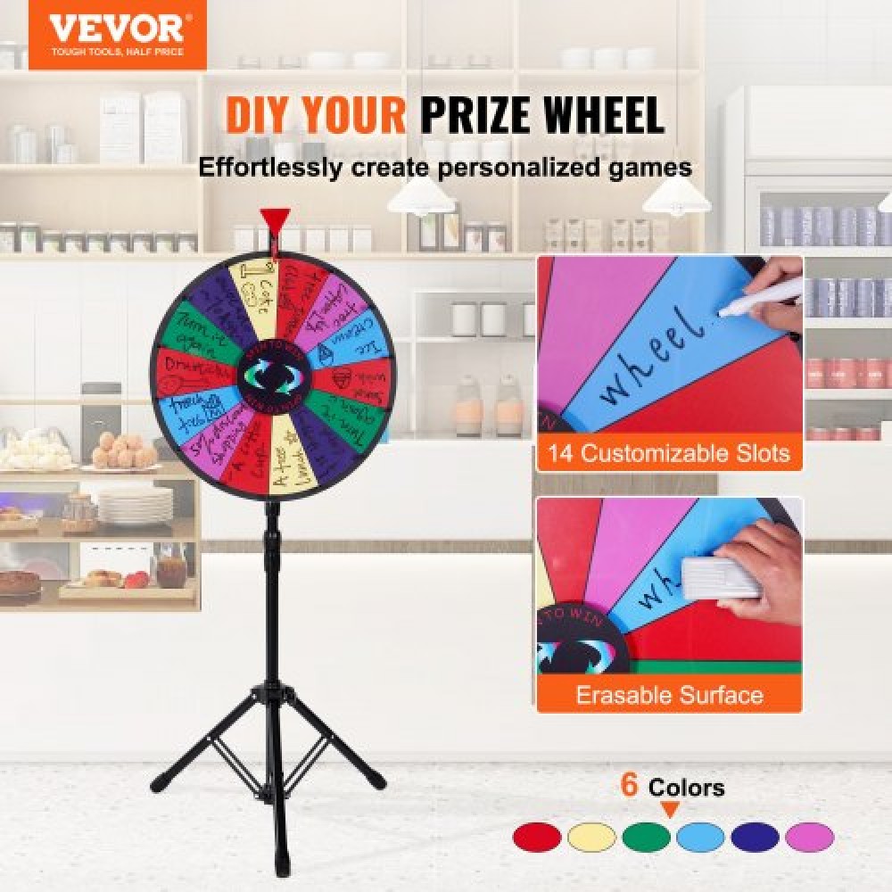 VEVOR 18” Prize Wheel Tripod Floor Stand Color Prize Wheel Fortune Spinner 14 Slots Dry Ease Tradeshow Fortune Spinning Game(18inch)