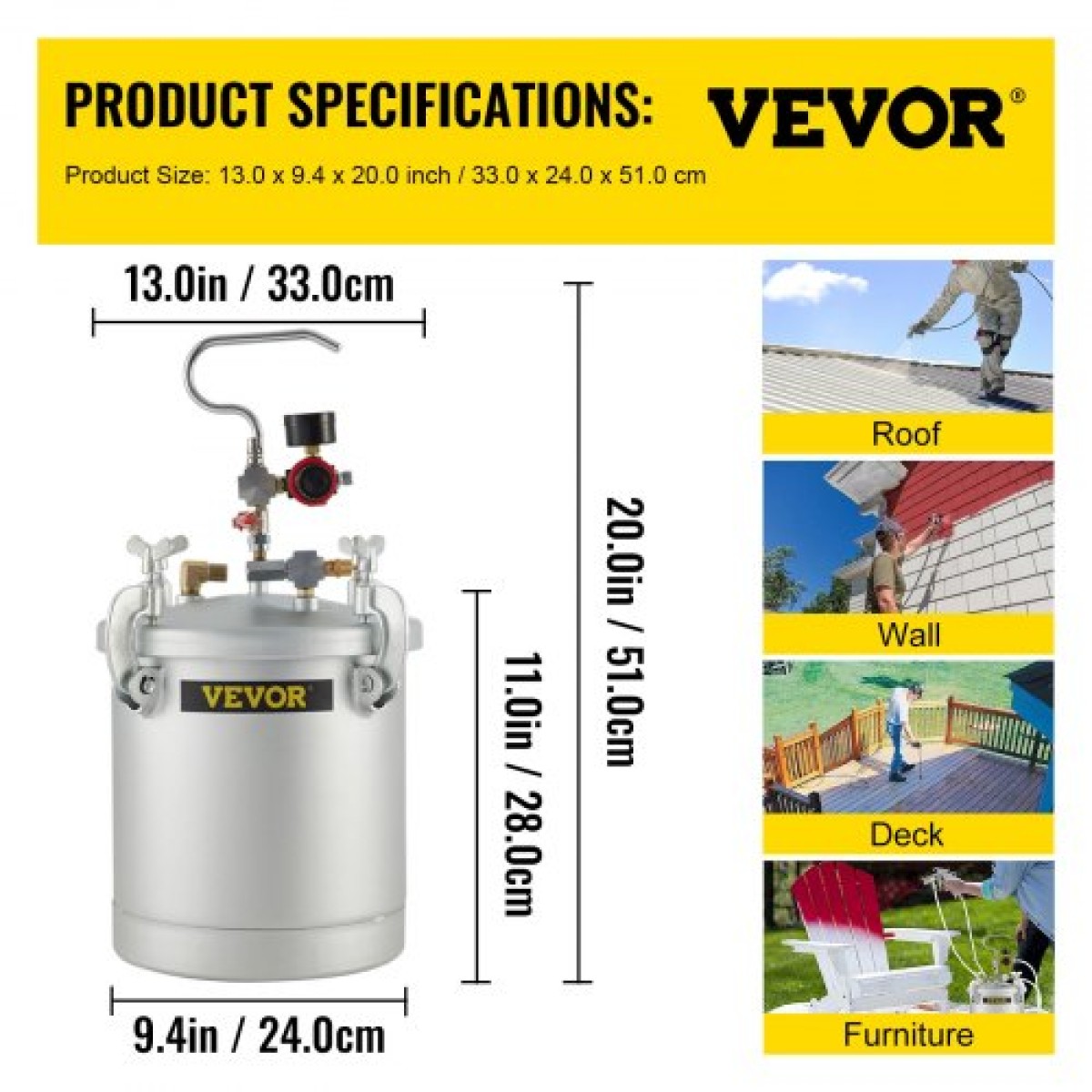 VEVOR Commercial Paint Pressure Tank 2,5 Galllons Pressure Pot Tank 10L Pressure Paint Pot Feed Spray Spray 1,5mm Nozzle Paint Spray for 10L Painting