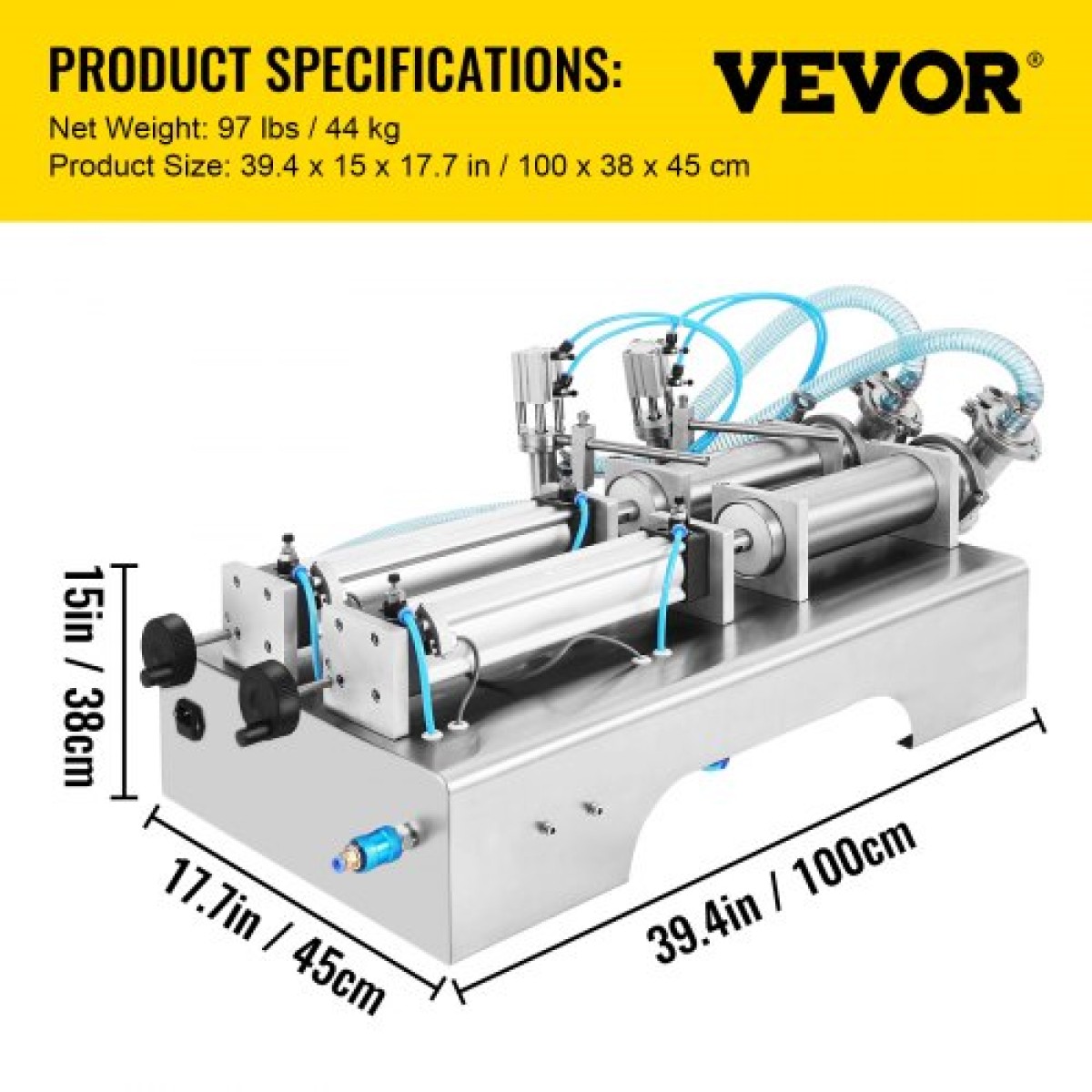 VEVOR 100-1000ml Πνευματικό μηχάνημα πλήρωσης υγρού με δύο ακροφύσια Γεμιστικό μπουκαλιών για πλήρωση υγρού χυμού για υγρό