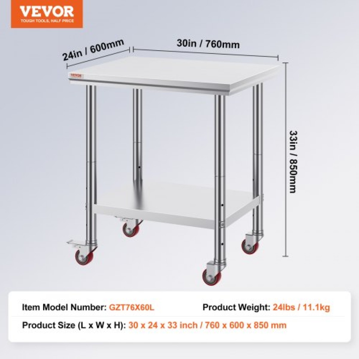 Τραπέζι εργασίας από ανοξείδωτο χάλυβα VEVOR 30 x 24 x 33 ιντσών, χωρητικότητα 700 LBS με 4 ρόδες, 3 ρυθμιζόμενα επίπεδα ύψους, τραπέζι εργασίας προετοιμασίας φαγητού βαρέως τύπου για εμπορική κουζίνα, ασημί