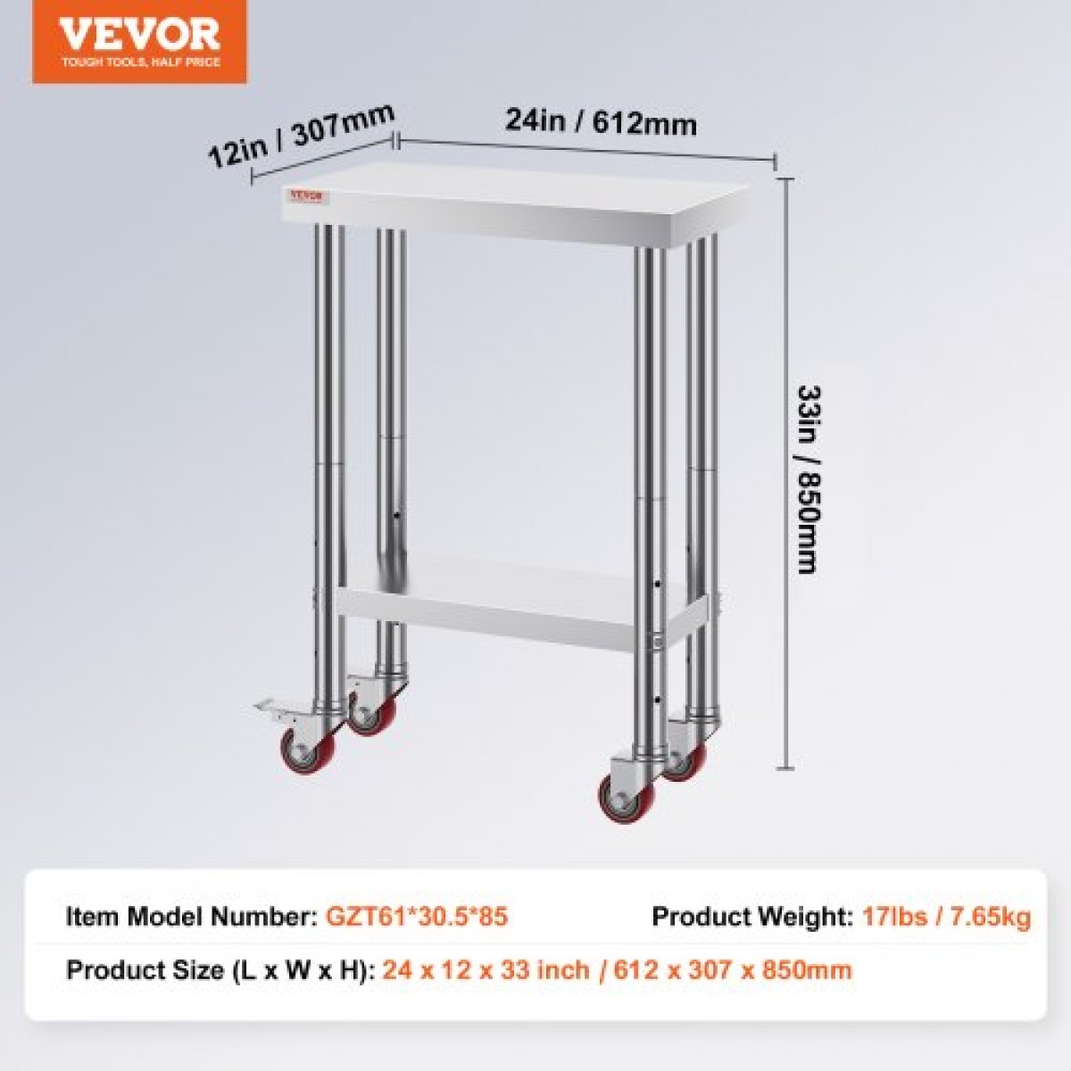 Τραπέζι εργασίας από ανοξείδωτο χάλυβα VEVOR 12 x 24 x 34 ιντσών, χωρητικότητα 700 LBS με 4 ρόδες, 3 ρυθμιζόμενα επίπεδα ύψους, τραπέζι εργασίας προετοιμασίας φαγητού βαρέως τύπου για εμπορική κουζίνα, ασημί