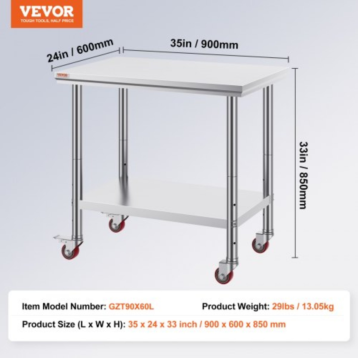 Τραπέζι εργασίας VEVOR από ανοξείδωτο ατσάλι 35 x 24 x 33 ιντσών, χωρητικότητα 300 LBS με 4 τροχούς, 3 ρυθμιζόμενα επίπεδα ύψους, τραπέζι εργασίας προετοιμασίας φαγητού βαρέως τύπου για εμπορική κουζίνα, ασημί