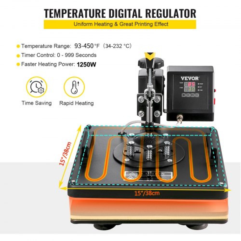 VEVOR Heat Press 8 in 1 Heat Press Machine 38x38cm Heat Transfer Press 15x15Inch Press Multifuctional Sublimation Machine for T-shirt Mug Kapel Plate Transfer