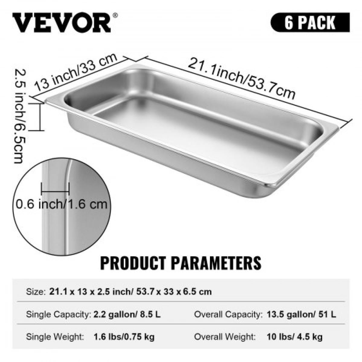 VEVOR 6 Συσκευασία Επιτραπέζια τηγάνια ατμού 20,9 x 12,8 x 2,6 ιντσών Βαθύ επιτραπέζιο τηγάνι ατμού πλήρους μεγέθους 8,5 λίτρων Δοχείο φαγητού από ανοξείδωτο ατσάλι Δίσκος φούρνου Ξενοδοχείου Τηγάνια κατά της μαρμελάδας Επιτραπέζιο τηγάνι ατμού