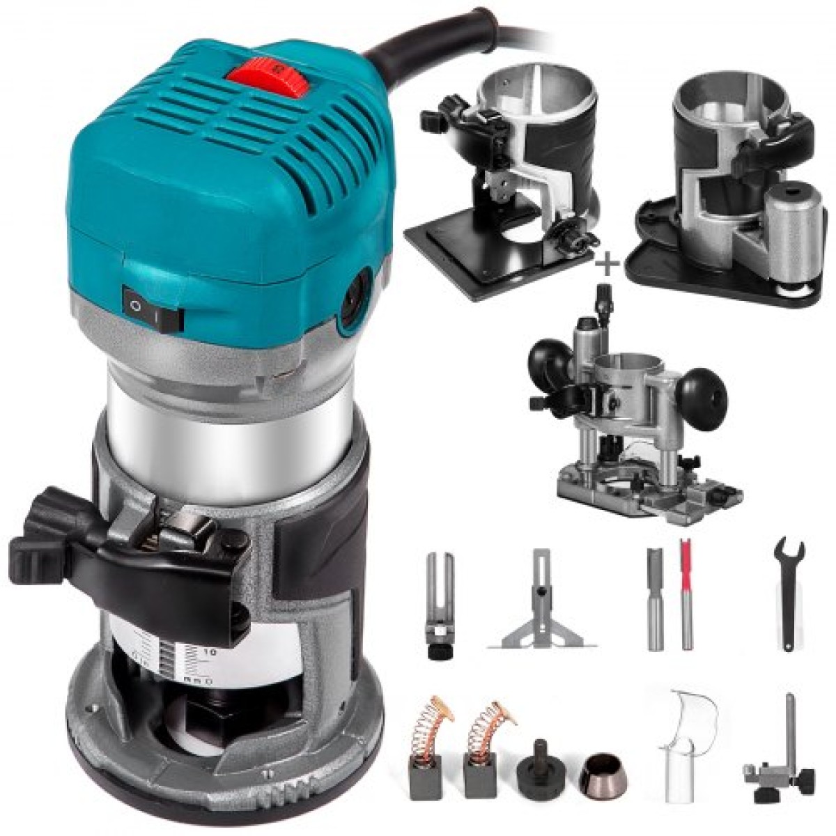 VEVOR Wood Trimmer Wood Router Tool Kit Electric Hand Trimmer Wood Laminator Router Tool 710W Max Torque 30.000 RPM Μεταβλητής ταχύτητας Compact Router Kit με 4 βάσεις