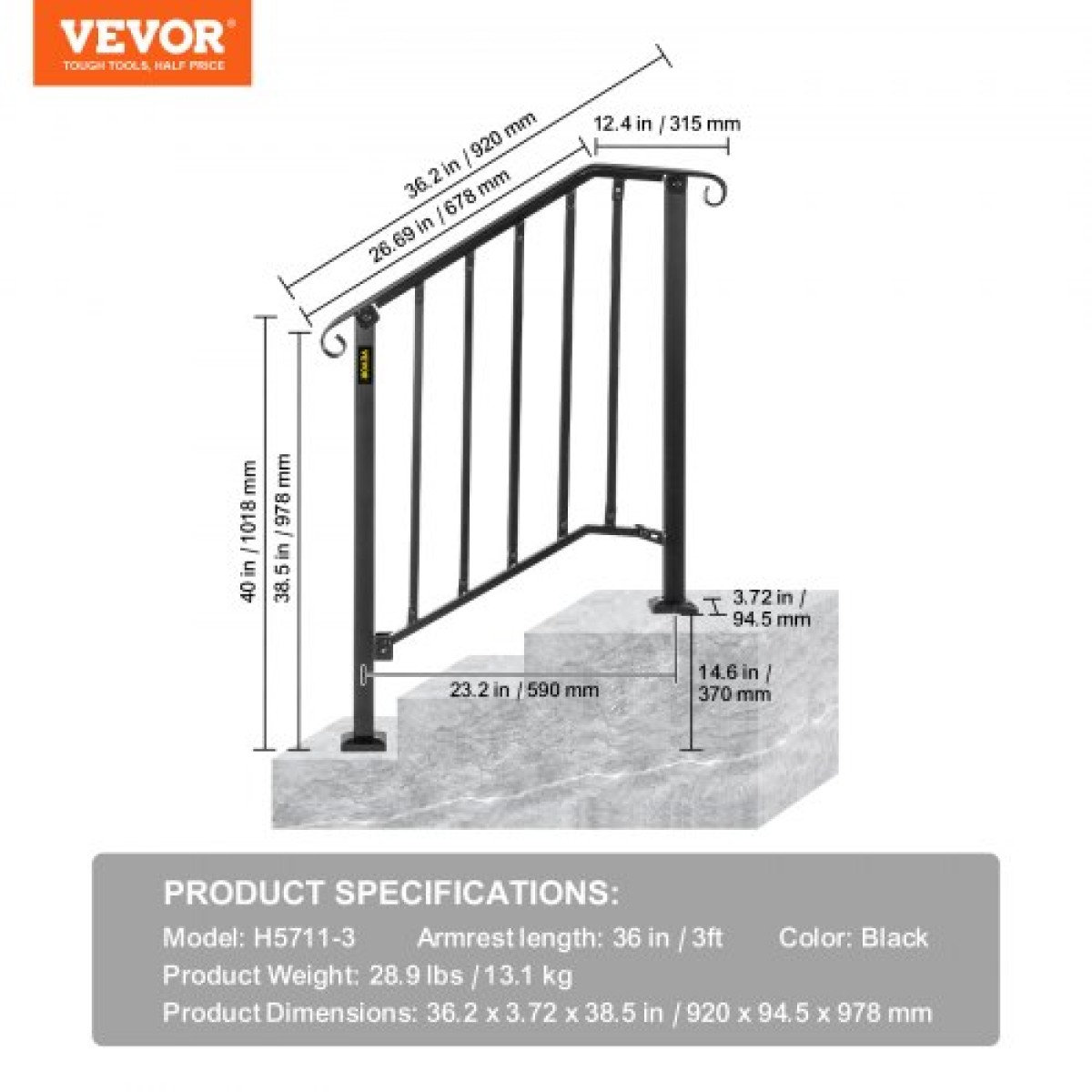 VEVOR Iron X Κουπαστής #2 Ράγα κιγκλιδώματος χωράει 2 σκαλοπάτια