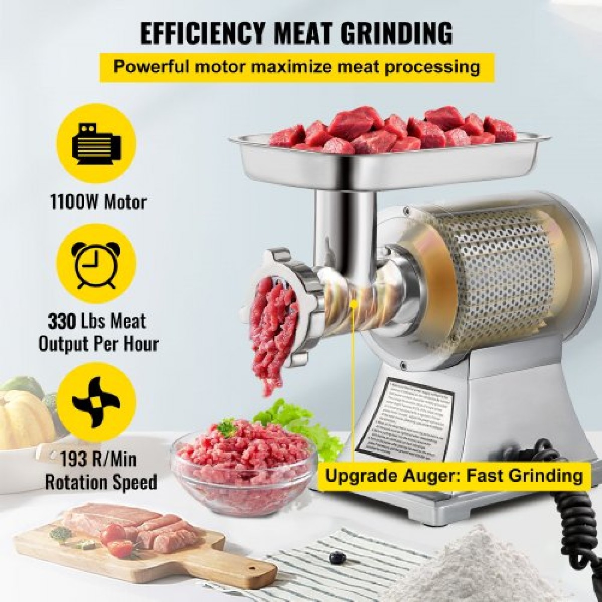 VEVOR Ηλεκτρική μηχανή κιμά, 1100W 330LBS/H Χωρητικότητα μηχανή κοπής κρεατομηχανών, Μύλος κρέατος από ανοξείδωτο ατσάλι Επαγγελματικός παρασκευαστής λουκάνικων για οικιακή και εμπορική χρήση