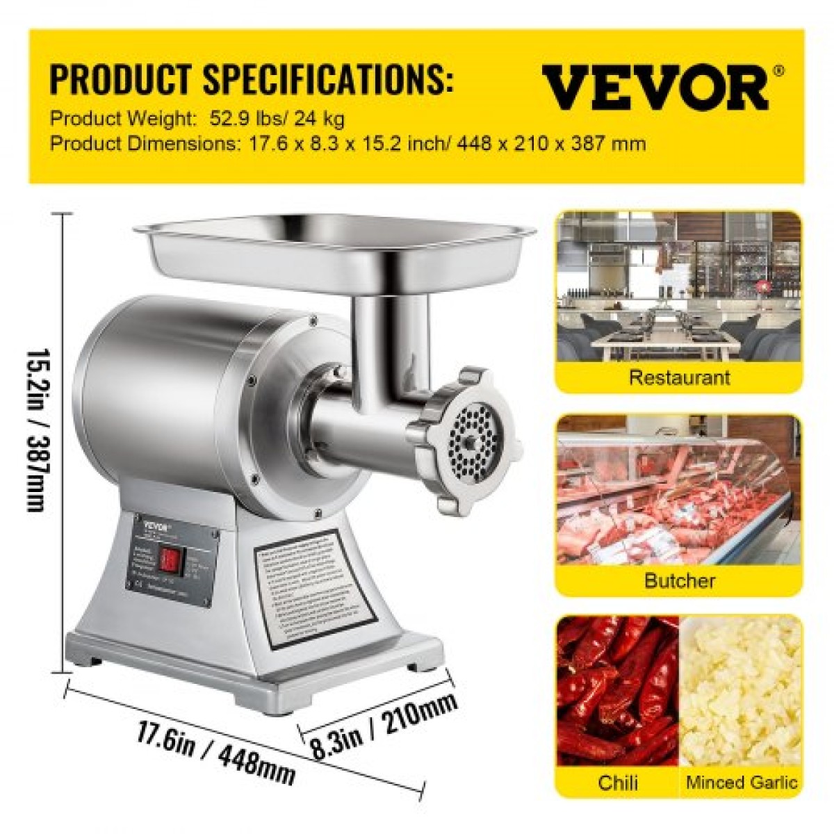 VEVOR Ηλεκτρική μηχανή κιμά, 1100W 330LBS/H Χωρητικότητα μηχανή κοπής κρεατομηχανών, Μύλος κρέατος από ανοξείδωτο ατσάλι Επαγγελματικός παρασκευαστής λουκάνικων για οικιακή και εμπορική χρήση