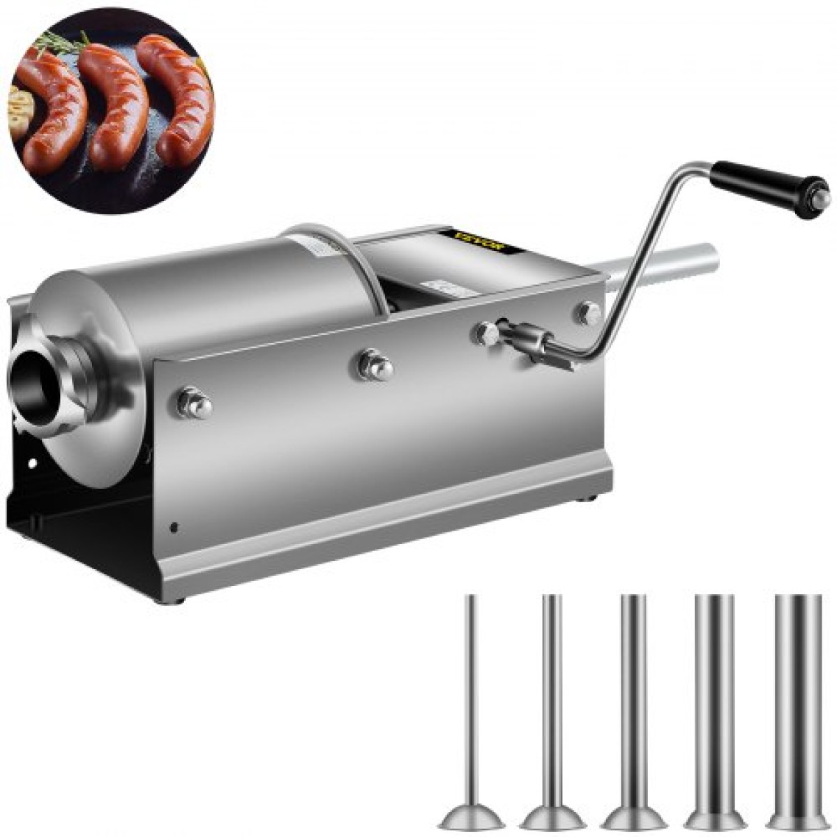 VEVOR Manual Sausage Stuffer, 3 L / 7 LBS Horizontal Sausage Machine, Dual-Speed ​​Meat Stuffer, κατασκευασμένο από ανοξείδωτο ατσάλι 304 κατηγορίας τροφίμων, περιλαμβάνει 5 σωλήνες γέμισης, για κουζίνα στο σπίτι Εστιατόριο Εμπορικό