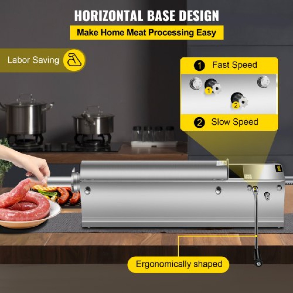 VEVOR Manual Sausage Stuffer, 7 L / 15 LBS Horizontal Sausage Machine, Dual-Speed ​​Meat Stuffer, κατασκευασμένο από ανοξείδωτο ατσάλι 304 ποιότητας τροφίμων, περιλαμβάνει 5 σωλήνες γέμισης, για οικιακή κουζίνα εστιατόριο Commercia