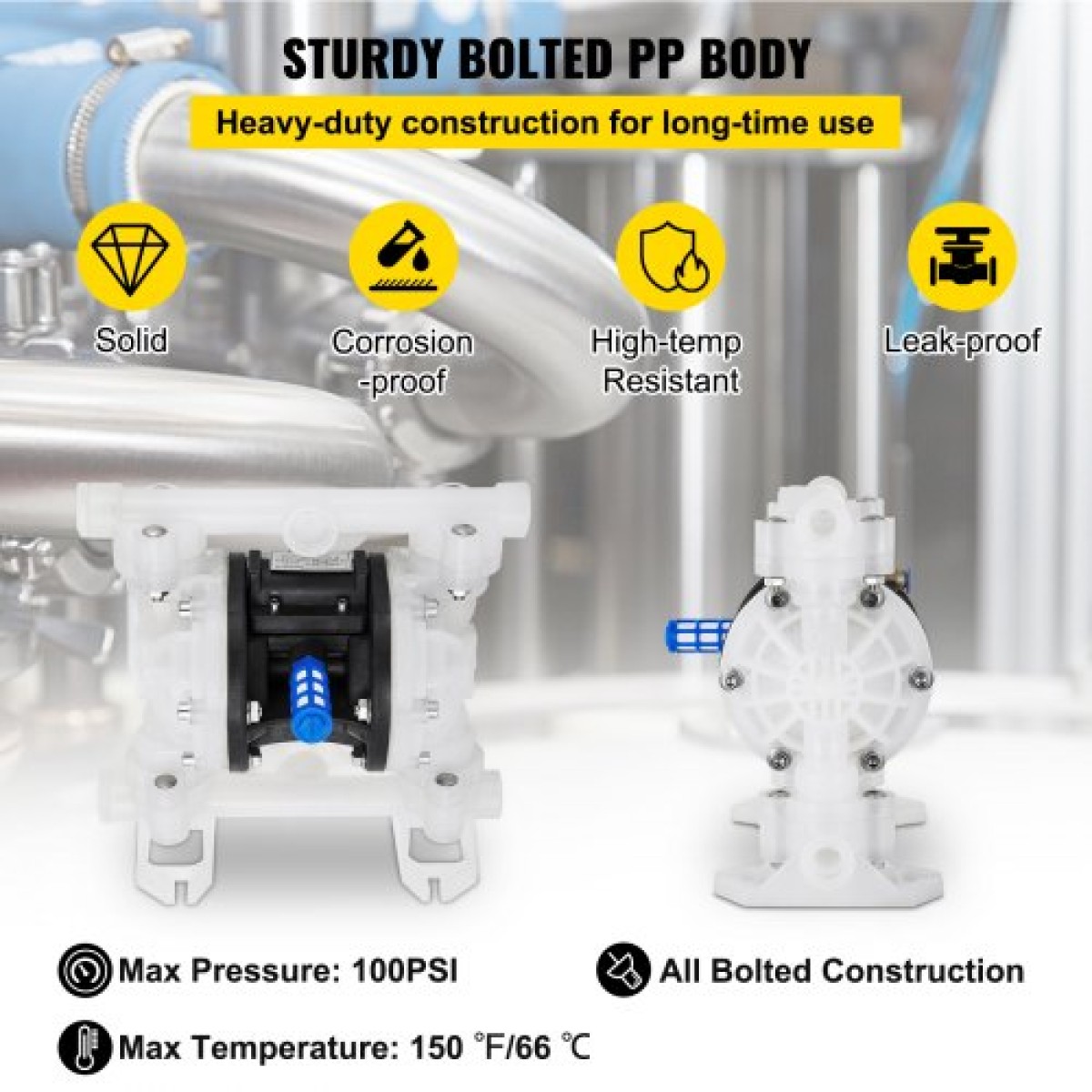VEVOR Air Double Diaphragm Pump 7GPM 100PSI Polypropylene Diaphragm Water Pump with 1,3 cm Int & Out Out Pump Pump Diaphragm 6900,7 cm Max Head Air-operated Diaphragm Pump with Sealed Ball Valve