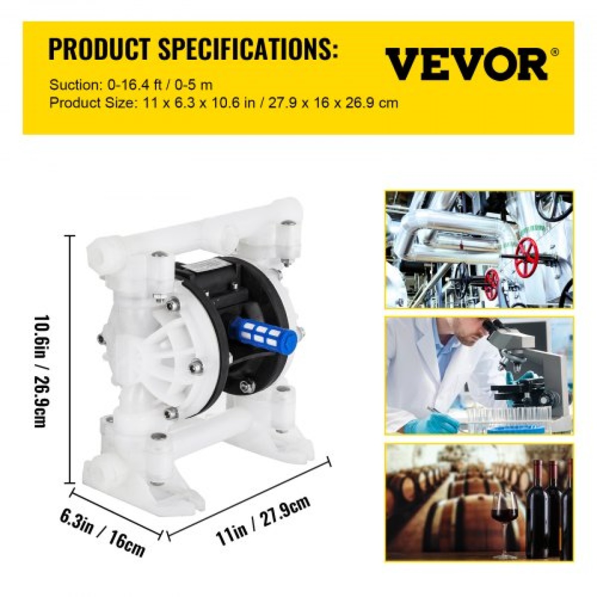 VEVOR Air Double Diaphragm Pump 7GPM 100PSI Polypropylene Diaphragm Water Pump with 1,3 cm Int & Out Out Pump Pump Diaphragm 6900,7 cm Max Head Air-operated Diaphragm Pump with Sealed Ball Valve