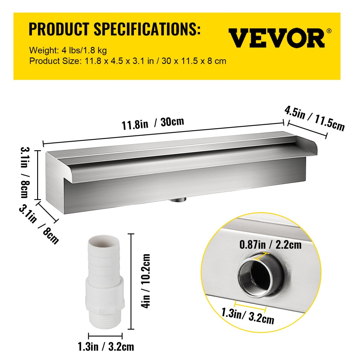 VEVOR 30 cm x 11,4 cm x 7,9 cm Διακοσμητικό σιντριβάνι πισίνας καταρράκτη από ανοξείδωτο χάλυβα για λιμνούλα κήπου σε εσωτερικούς και εξωτερικούς χώρους