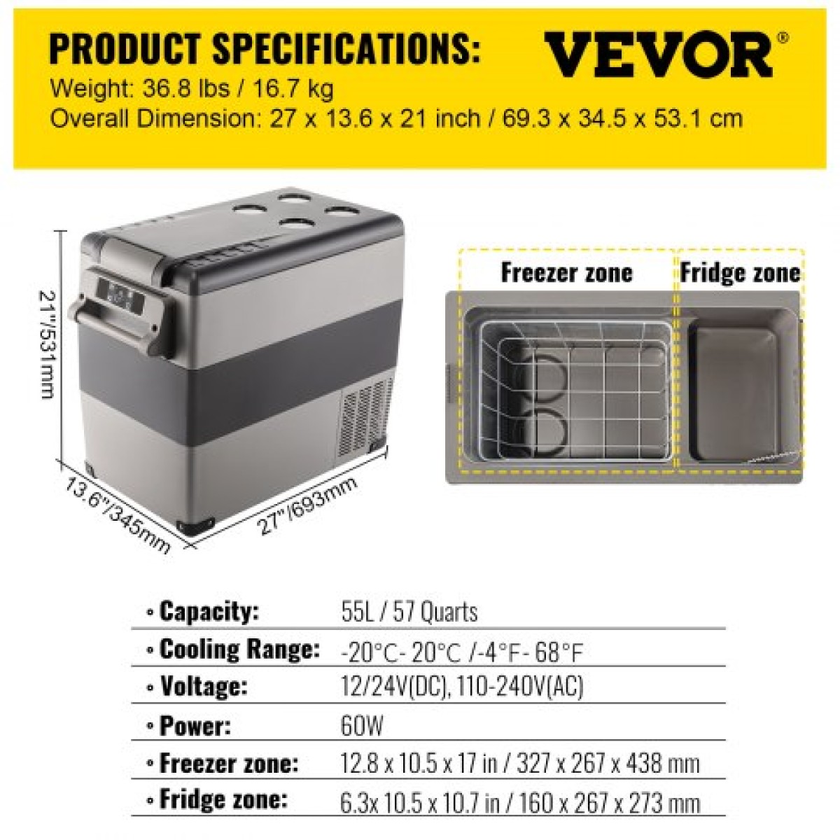 VEVOR Portable Cool Box 55L Car Fridge 220 V Mini Fridge Electric Freezer Box Μικρός καταψύκτης για φορτηγό κάμπινγκ αυτοκινήτου