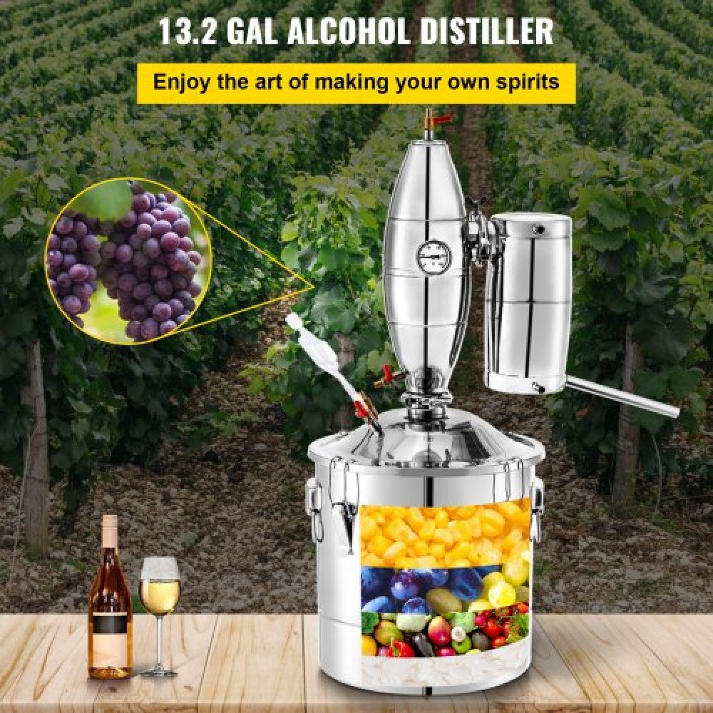 VEVOR Boiler Stainless Steel Water Distiller 13.2 Gallon Essential Oil Still 50L Distillery Kit Home Moonshine Still with Thermometer and fermentation tank