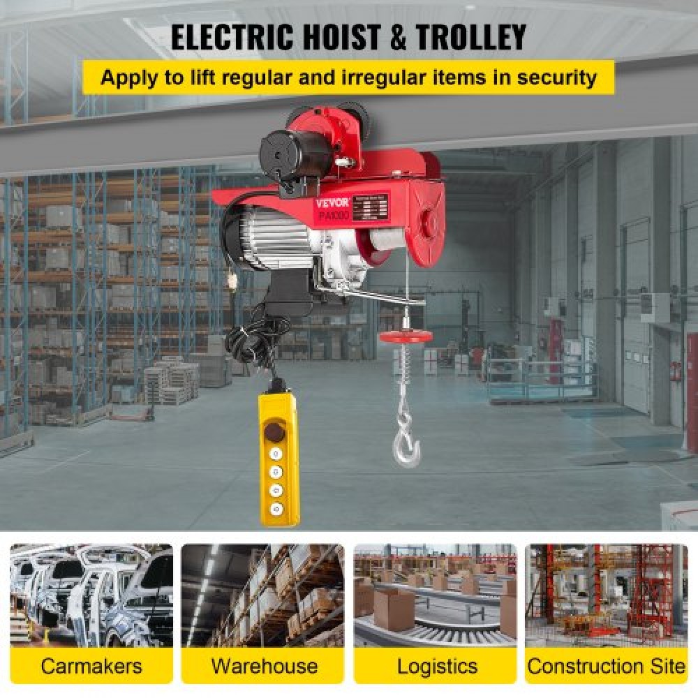 VEVOR Electric Wire Rope Hoist with Trolley, Electric Wire Rope Hoist with Trolley Remote Control Industry 1000KG/2200LBS Capacity