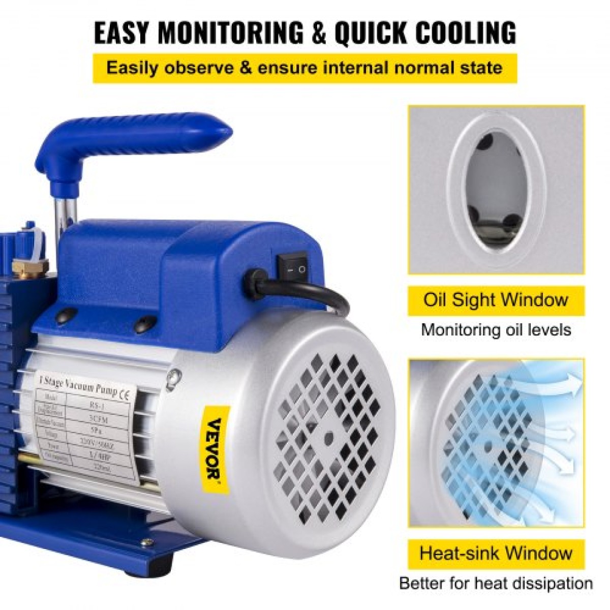 Αντλία κενού VEVOR 183 L/min(3CFM) 246W(1/3HP) Αντλία κενού Αντλία κενού 117 L/min(1,8CFM) Θάλαμος κενού αντλίας κενού ψύξης 1 σταδίου 1440RPM για την άντληση κενού με R12, R242-producing ή R1
