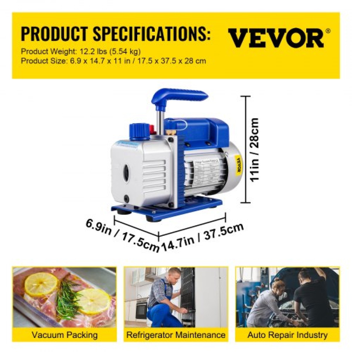 Αντλία κενού VEVOR 183 L/min(3CFM) 246W(1/3HP) Αντλία κενού Αντλία κενού 117 L/min(1,8CFM) Θάλαμος κενού αντλίας κενού ψύξης 1 σταδίου 1440RPM για την άντληση κενού με R12, R242-producing ή R1