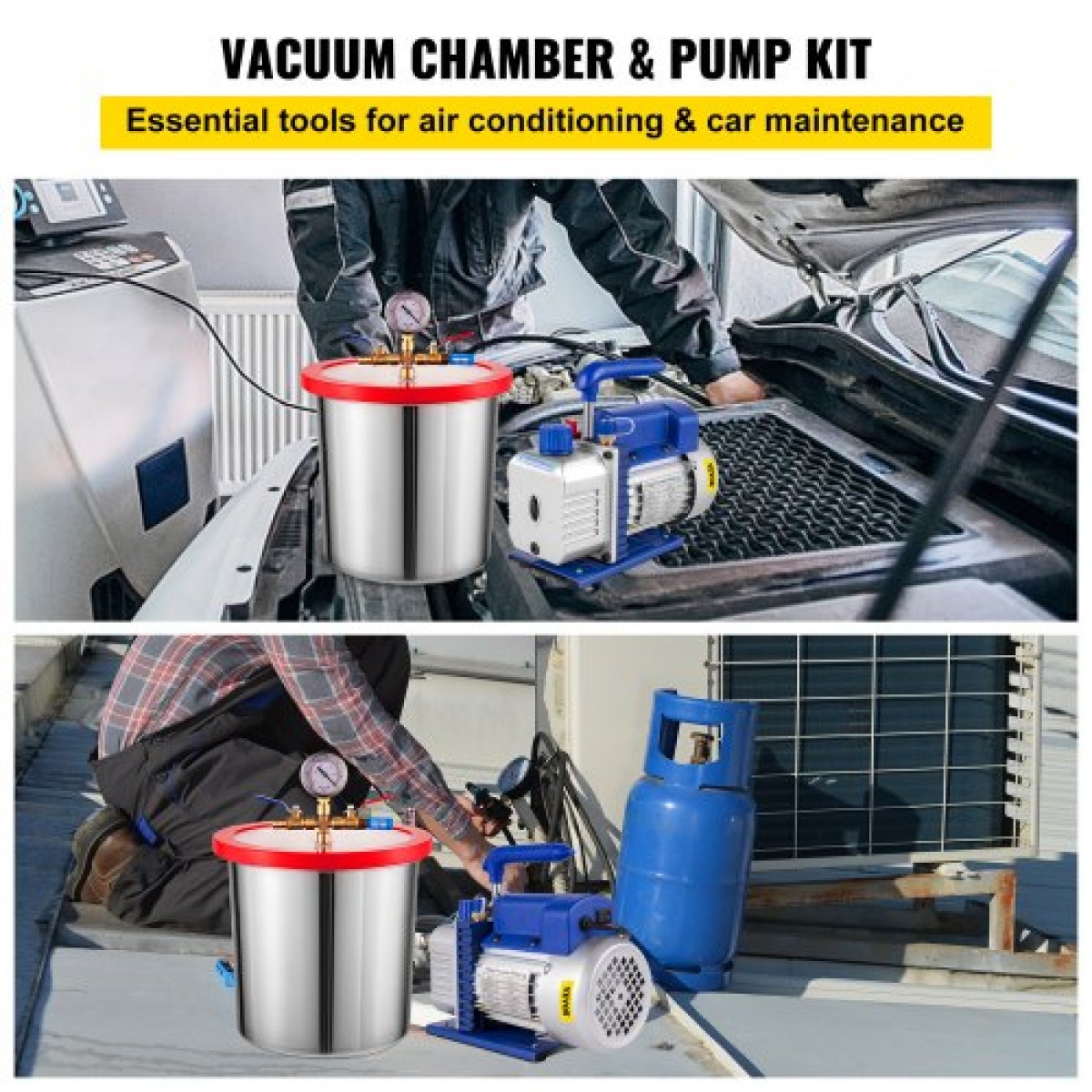 VEVOR 3 CFM 1/4HP Μονοβάθμια αντλία κενού, 3 γαλόνια (13 λίτρα) κιτ θαλάμου κενού, κιτ ψύξης A/C HVAC