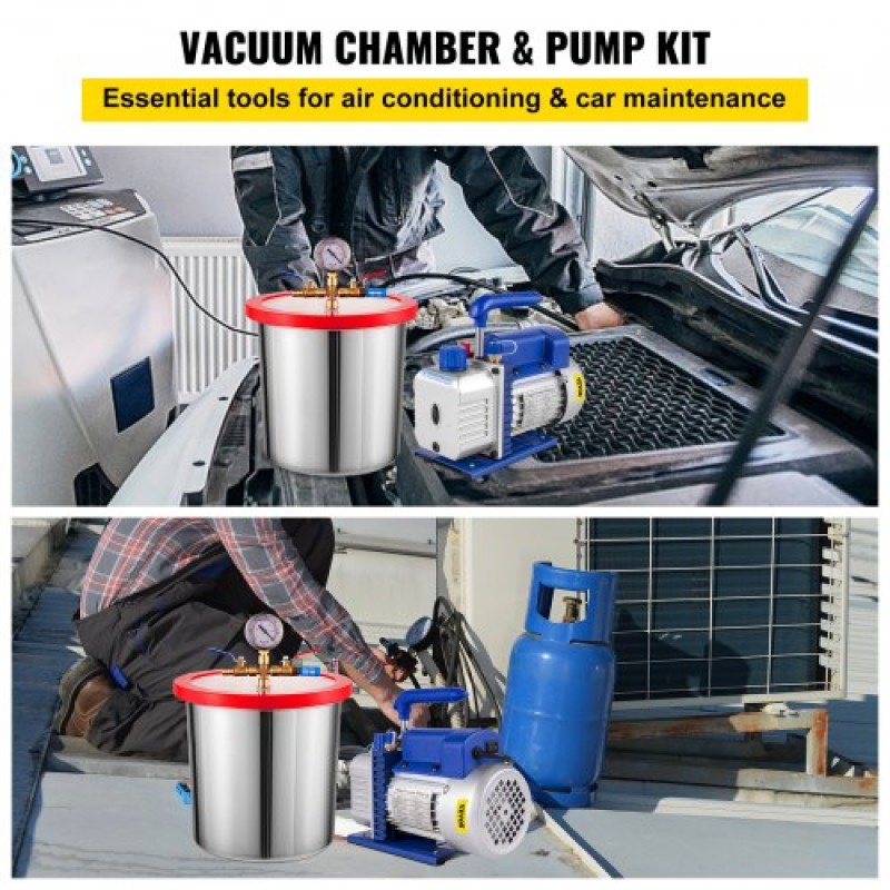 VEVOR 3 CFM 1/4HP Μονοβάθμια αντλία κενού, 3 γαλόνια (13 λίτρα) κιτ θαλάμου κενού, κιτ ψύξης A/C HVAC