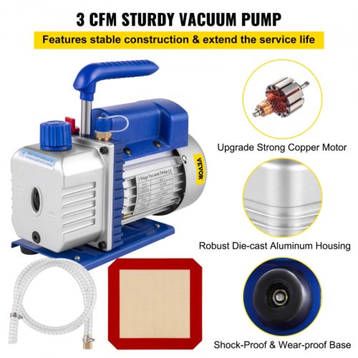 VEVOR 3 CFM 1/4HP Μονοβάθμια αντλία κενού, 3 γαλόνια (13 λίτρα) κιτ θαλάμου κενού, κιτ ψύξης A/C HVAC