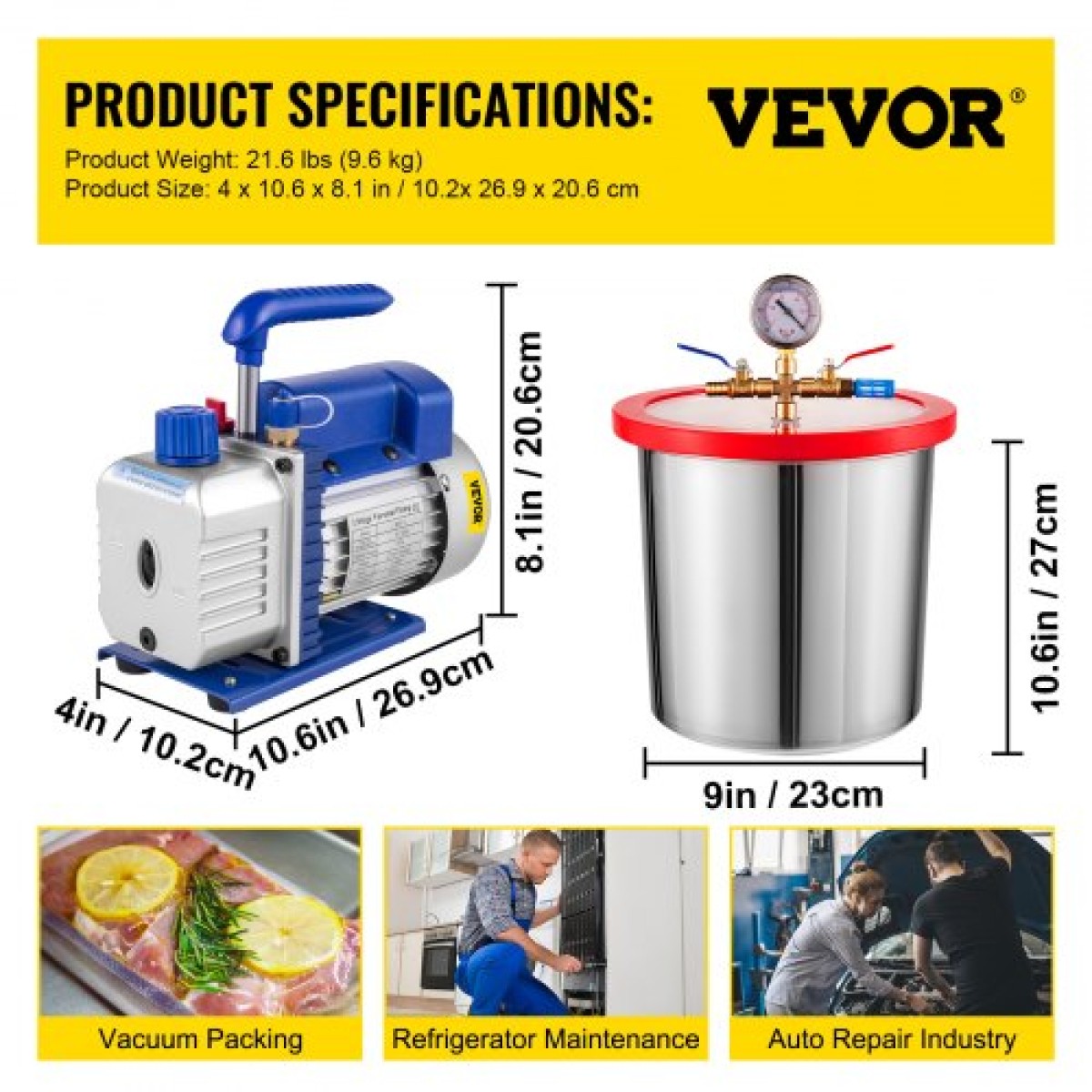 VEVOR 3 CFM 1/4HP Μονοβάθμια αντλία κενού, 3 γαλόνια (13 λίτρα) κιτ θαλάμου κενού, κιτ ψύξης A/C HVAC