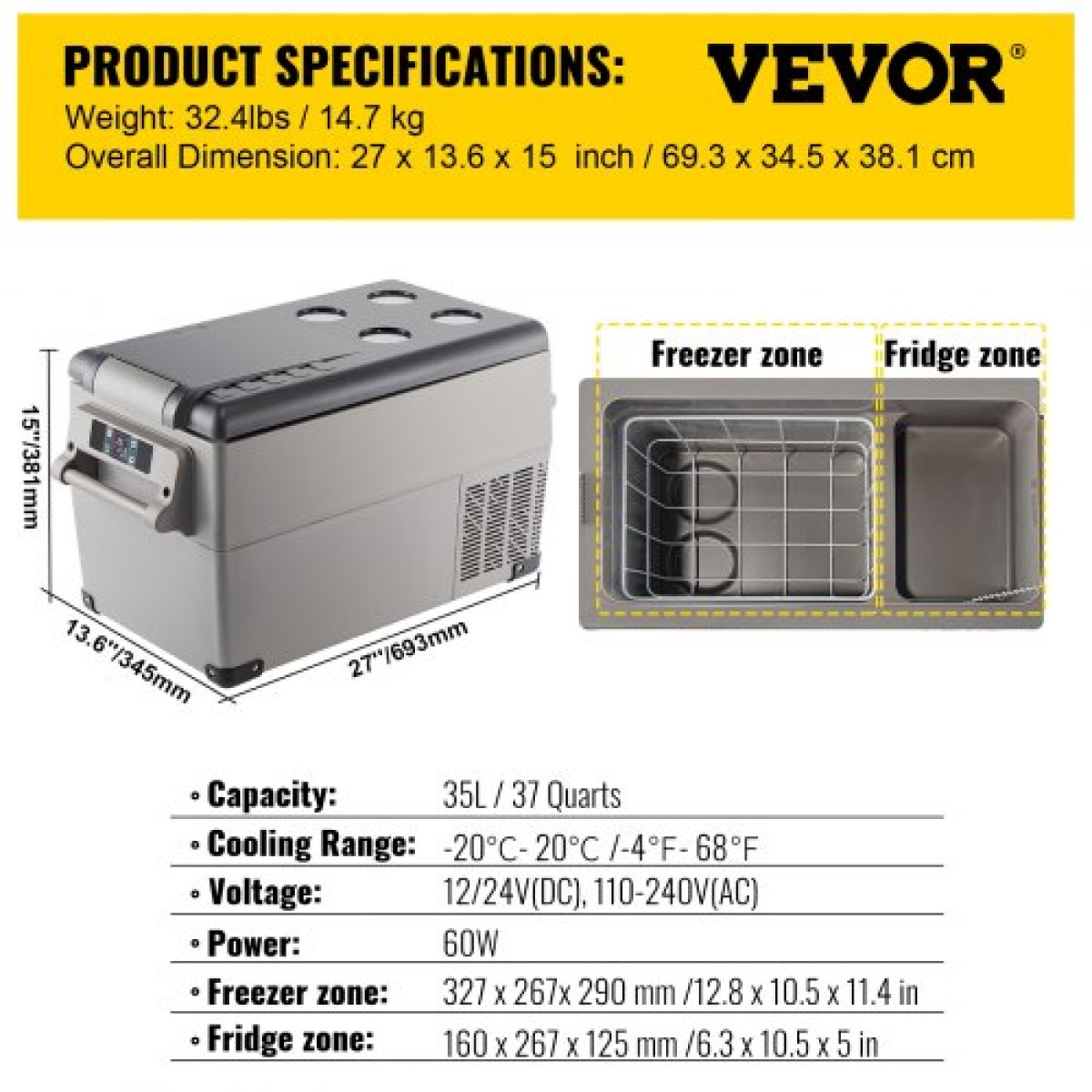 VEVOR Αυτοκίνητο Ψυγείο 35L Συμπιεστής Φορητός Μικρό Ψυγείο Ψυγείο Αυτοκινήτου Ψυγείο Καταψύκτης Όχημα Αυτοκίνητο Φορτηγό RV Σκάφος Mini Ηλεκτρικός ψύκτης Οδήγηση Ταξίδι Ψάρεμα Εξωτερική και οικιακή χρήση
