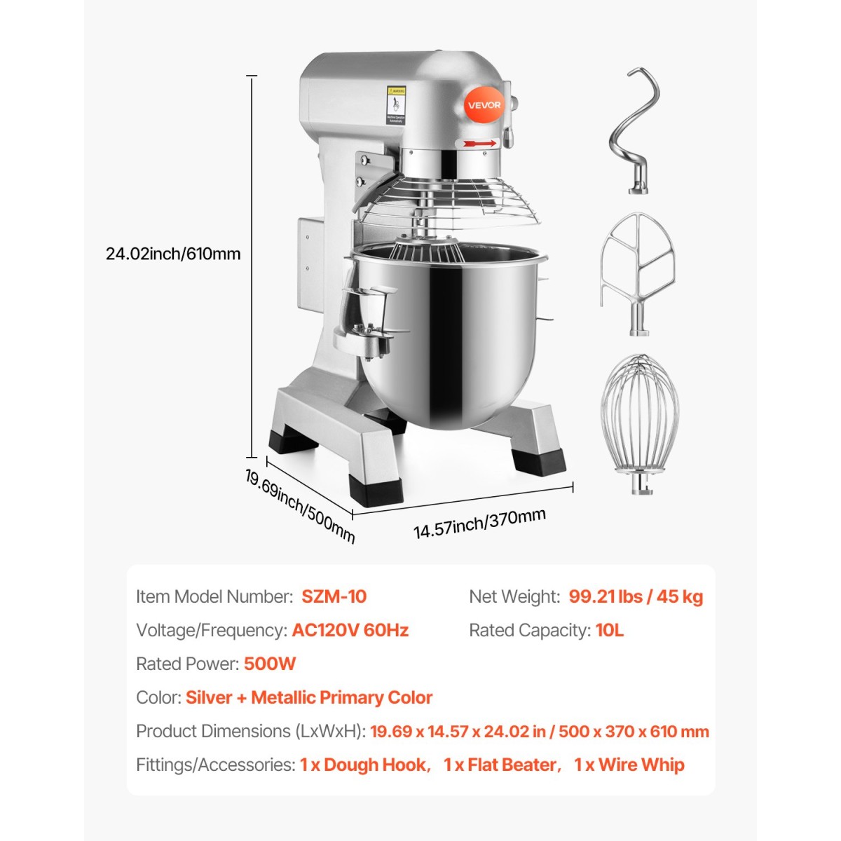 VEVOR Commercial Mixer Electric Food Mixer 10L Capacity Bowl Electric Dough Mixer Maker 500W Ρυθμιζόμενος Εμπορικός Μίξερ Μύλος 220V Stand Mixer για Επαγγελματική Κουζίνα