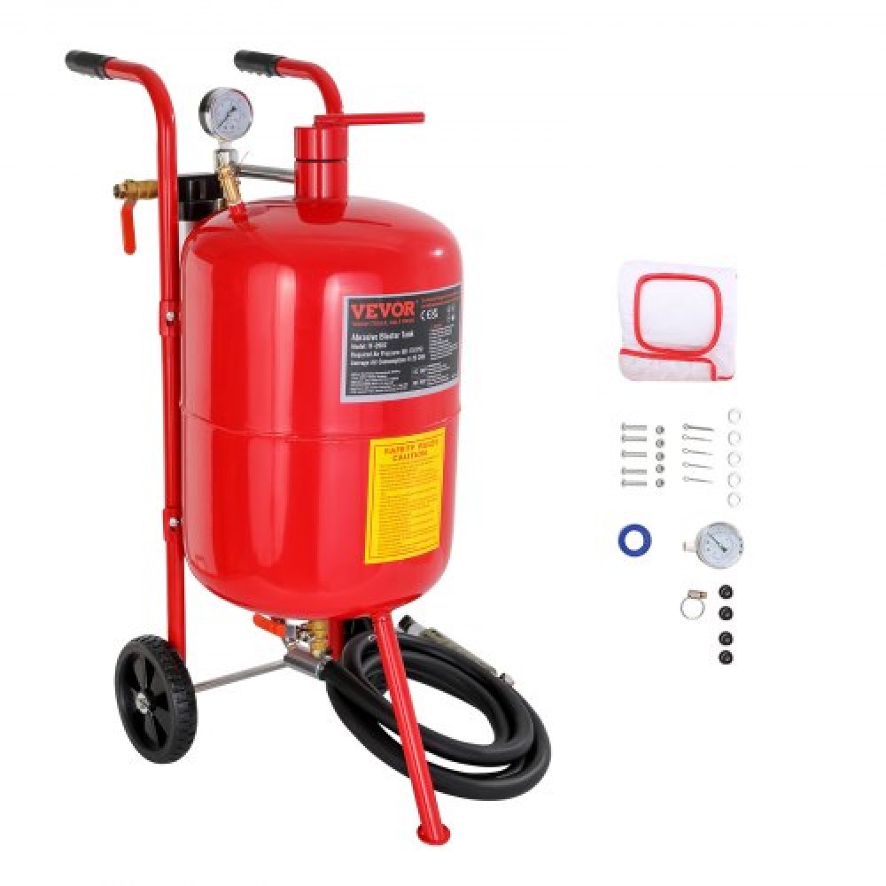 VEVOR 10 Gallon/38L Sandblaster Equipped with Nozzle Shut-Off Valve Pressure Gauge Ceramic Nozzle Rubber Wheels Grit Blasting Blast Sandblasting