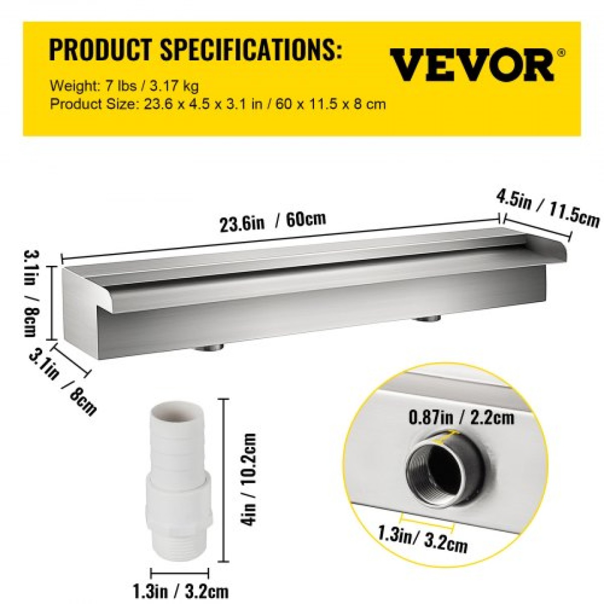 VEVOR 23,6" x 4,5" x 3,1" Διακοσμητικό σιντριβάνι πισίνας καταρράκτη από ανοξείδωτο χάλυβα για λίμνη κήπου σε εσωτερικούς και εξωτερικούς χώρους