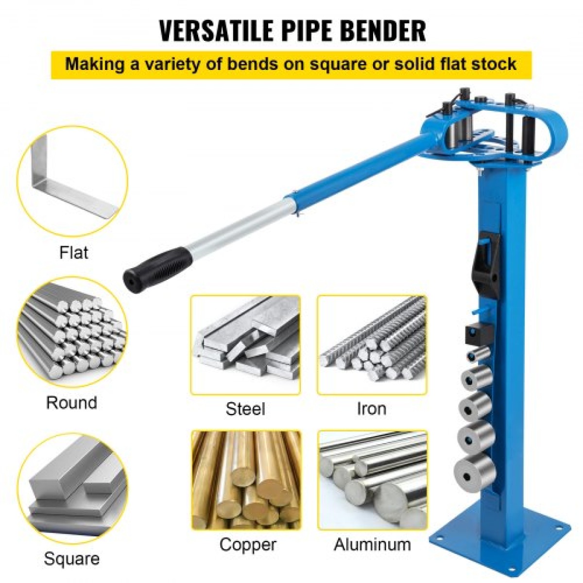 VEVOR Compact Bender Metal Manual Floor Type 7 Dies 1-3" Fabrication Metal Pedestal Solid Handle Telescoping Mountable 117,2cm Handle Rod Tube for Shape Steel, Iron, Swled, Brass, Copper