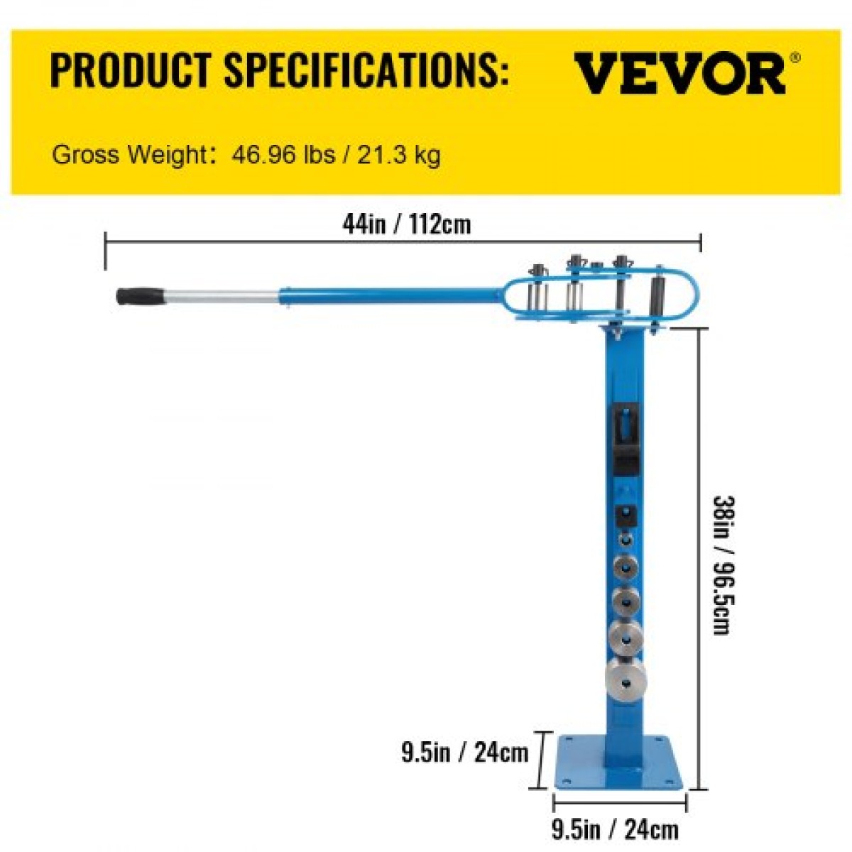VEVOR Compact Bender Metal Manual Floor Type 7 Dies 1-3" Fabrication Metal Pedestal Solid Handle Telescoping Mountable 117,2cm Handle Rod Tube for Shape Steel, Iron, Swled, Brass, Copper