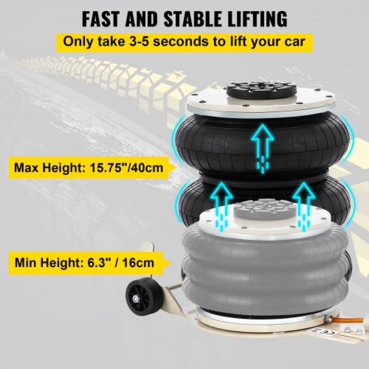 VEVOR 5 Ton/4999,9 kg Πνευματικό Jack Triple Bag Air Jack Ύψος ανύψωσης 16,5-40,6 cm Φουσκωτό Jack Lifter αυτοκινήτου Πνευματικός γρύλος αέρα 4999,9 kg Χωρητικότητα Εξαιρετικά γρήγορη ανύψωση