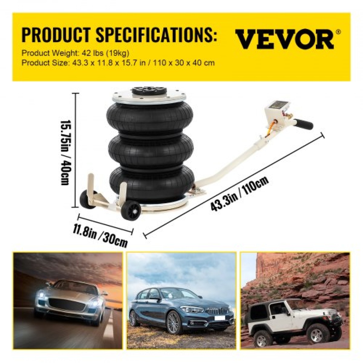 VEVOR 5 Ton/4999,9 kg Πνευματικό Jack Triple Bag Air Jack Ύψος ανύψωσης 16,5-40,6 cm Φουσκωτό Jack Lifter αυτοκινήτου Πνευματικός γρύλος αέρα 4999,9 kg Χωρητικότητα Εξαιρετικά γρήγορη ανύψωση