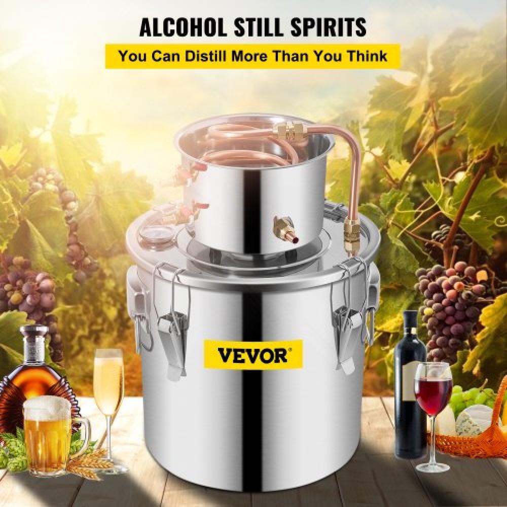VEVOR Still Distiller 3Gal Water Distiller 12L από ανοξείδωτο ατσάλι Copper Tube Home Brewing Kit Ενσωματωμένο θερμόμετρο για DIY Whisky Wine Brandy Sliver