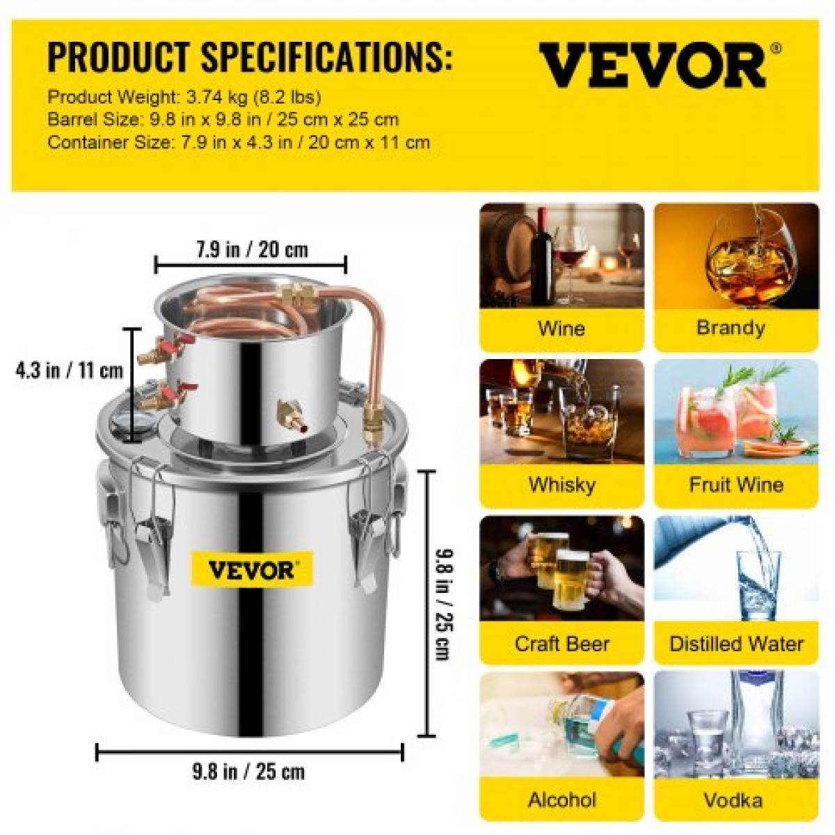 VEVOR Still Distiller 3Gal Water Distiller 12L από ανοξείδωτο ατσάλι Copper Tube Home Brewing Kit Ενσωματωμένο θερμόμετρο για DIY Whisky Wine Brandy Sliver