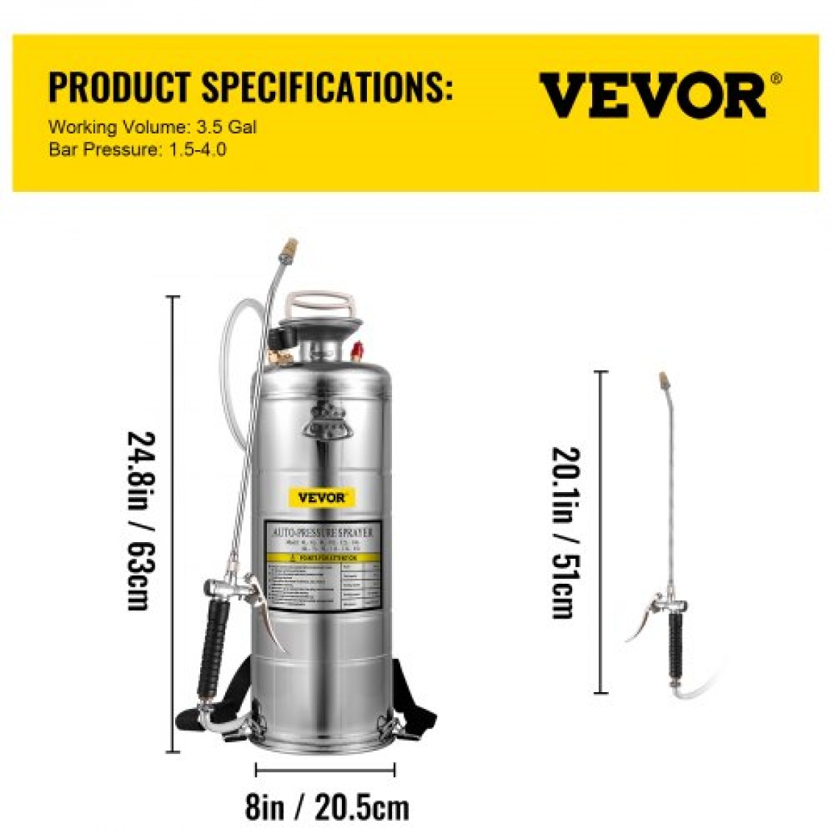 VEVOR Ανοξείδωτος Χάλυβας Ψεκαστήρας 12L Οικιακός Ψεκαστήρας Κηπουρικής και Καθαρισμού δαπέδου, Κατάλληλος για τις Τρέχουσες Υπηρεσίες της Βιομηχανίας, της Γεωργίας, του Εμπορίου, της Ιατρικής και άλλων Βιομηχανιών