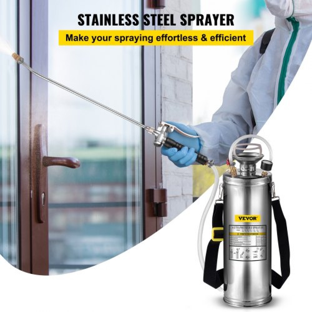 VEVOR Stainless Steel Sprayer 10L Household Gardening and Floor Cleaning Sprayer, Suitable for the Current Neds of Industry, Agriculture, Commerce, Medicine and Other Industries