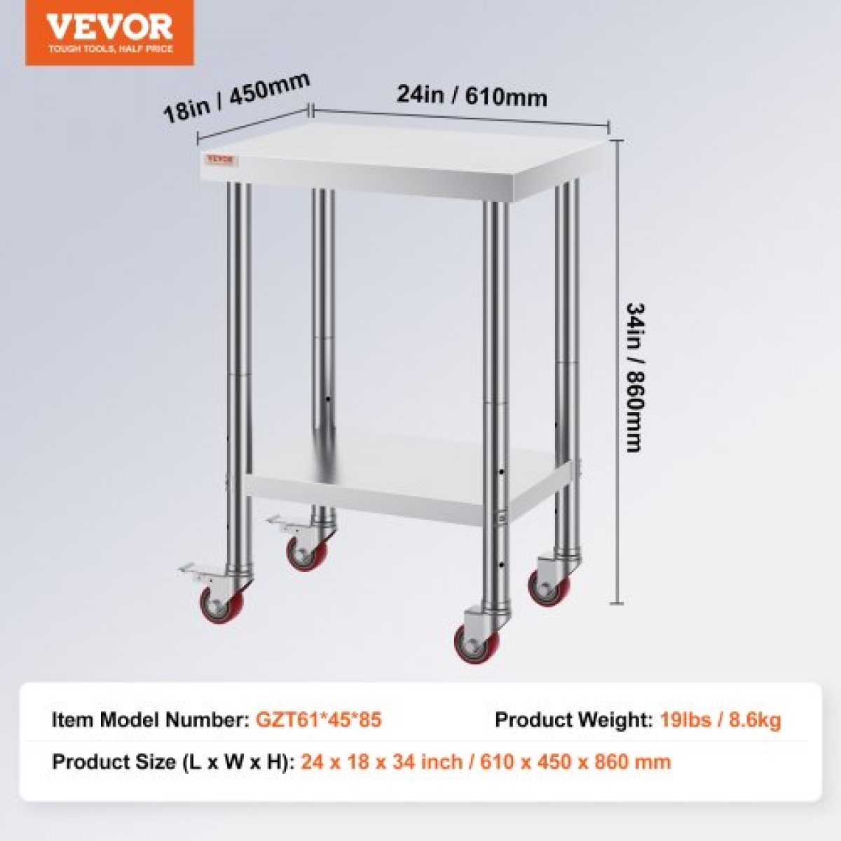 Τραπέζι εργασίας VEVOR από ανοξείδωτο ατσάλι 24 x 18 x 34 ιντσών, χωρητικότητα 700 LBS με 4 τροχούς, 3 ρυθμιζόμενα επίπεδα ύψους, τραπέζι εργασίας προετοιμασίας φαγητού βαρέως τύπου για εμπορική κουζίνα, ασημί
