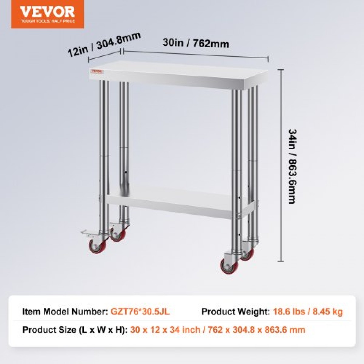 Τραπέζι εργασίας VEVOR από ανοξείδωτο ατσάλι 30 x 12 x 34 ιντσών, χωρητικότητα 700 LBS με 4 ρόδες, 3 ρυθμιζόμενα επίπεδα ύψους, τραπέζι εργασίας προετοιμασίας φαγητού βαρέως τύπου για εμπορική κουζίνα, ασημί