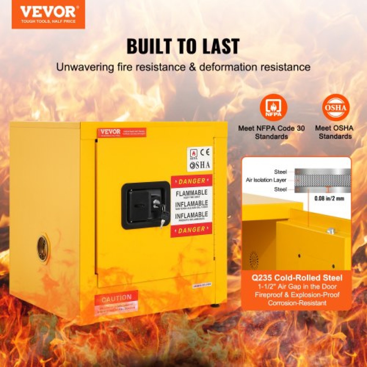 VEVOR 41,6 L Ντουλάπι ασφαλείας 42,9 x 42,9 x 46 cm Εγχειρίδιο Επικίνδυνοι Μεντεσέδες Hot
