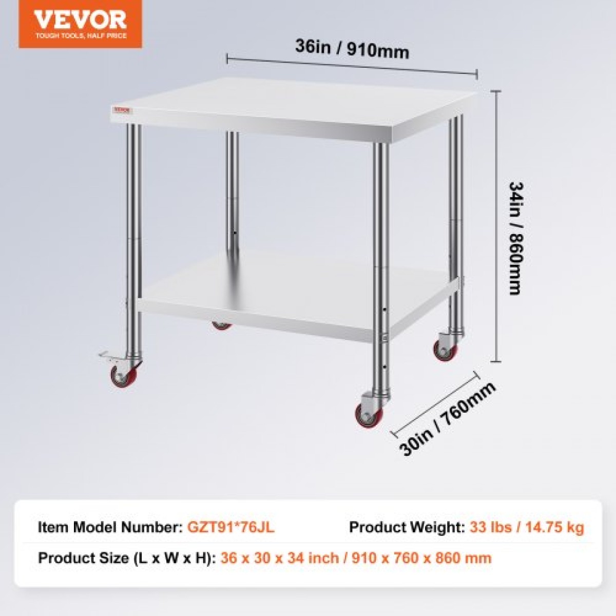 Τραπέζι εργασίας VEVOR από ανοξείδωτο ατσάλι 36 x 30 x 34 ιντσών, χωρητικότητα 700 LBS με 4 τροχούς, 3 ρυθμιζόμενα επίπεδα ύψους, τραπέζι εργασίας προετοιμασίας φαγητού βαρέως τύπου για εμπορική κουζίνα, ασημί