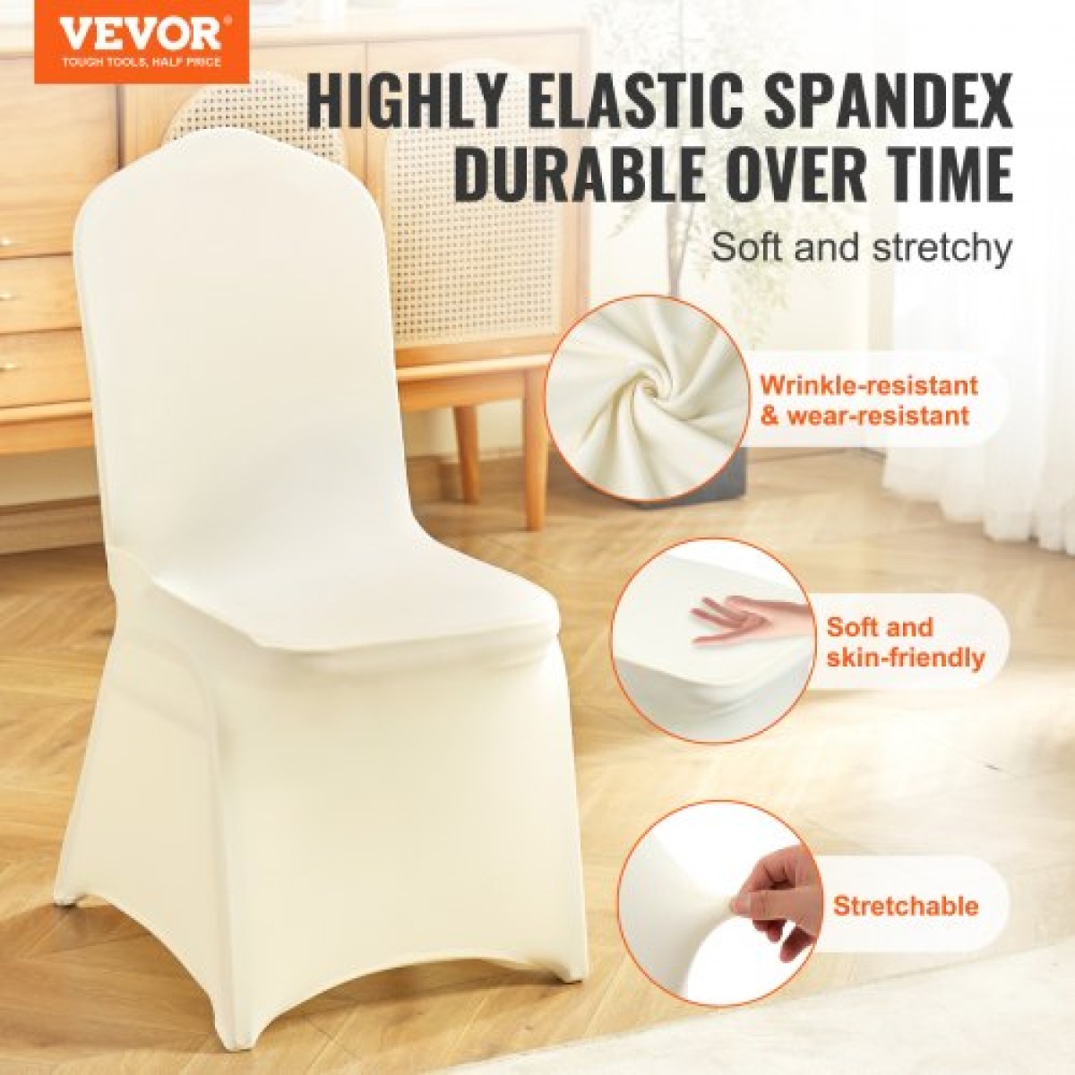 Πτυσσόμενα καλύμματα καρέκλας VEVOR Stretch Spandex, Universal Εφαρμοσμένο κάλυμμα καρέκλας, Αφαιρούμενα πλενόμενα προστατευτικά καλύμματα, για γάμους, διακοπές, συμπόσιο, πάρτι, γιορτή, δείπνο (100 τμχ Μπεζ)
