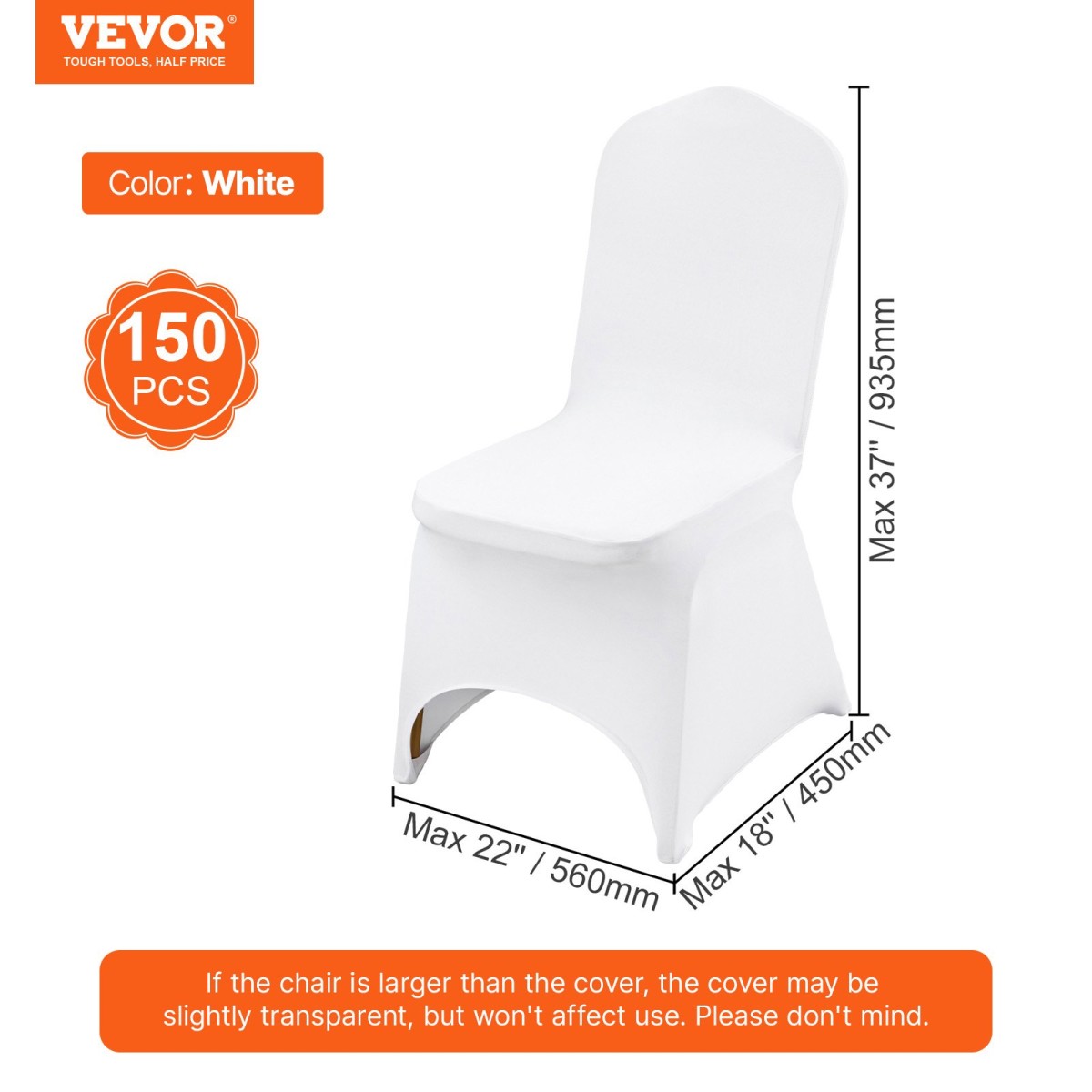 Πτυσσόμενα καλύμματα καρέκλας VEVOR Stretch Spandex, Universal Εφαρμοσμένο κάλυμμα καρέκλας, Αφαιρούμενα πλενόμενα προστατευτικά καλύμματα, για γάμους, διακοπές, συμπόσιο, πάρτι, γιορτή, δείπνο (150 τμχ Λευκό)