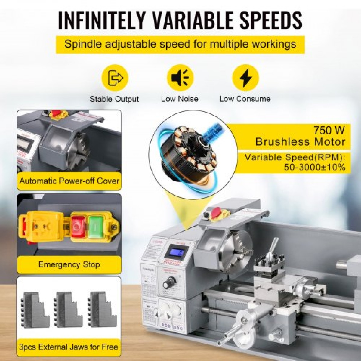 VEVOR Mini Metal Lathe 750W Μεταλλικός Τόρνος Μεταβλητής Ταχύτητας 50 έως 3000Rpm Τόρνος Ακριβείας Φρέζας 220 x 600mm για Μεταλλικός Τόρνος Μεταλλικός Τόρνος για Τρυπάνι Περιστροφής Αντιπροσώπου