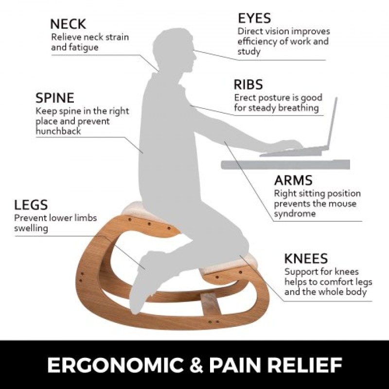 VEVOR Ergonomic Kneeling Chair 220LB Load Capacity Kneeling Posture Desk Chair Stool with Hip Cushion Kneeling Ergonomic Stool for Home Office Good Posture Computer Stool White Oak